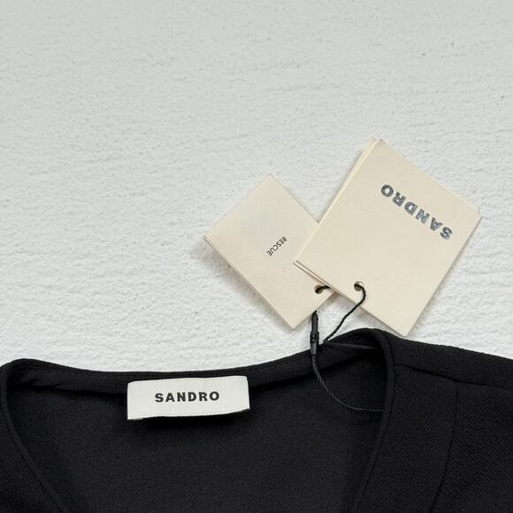 Sandro Paris Black Smocked Waist Button Down Mini Dress, Size Medium - Picture 4 of 8